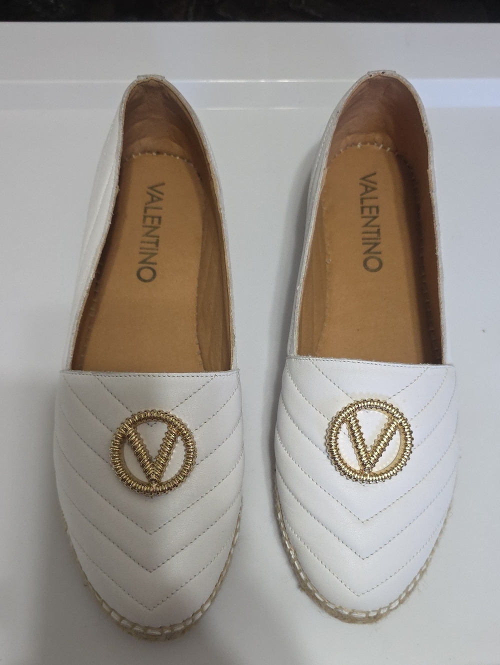 Valentino White Quilted Leather Espadrille Flats with Gold V Logo